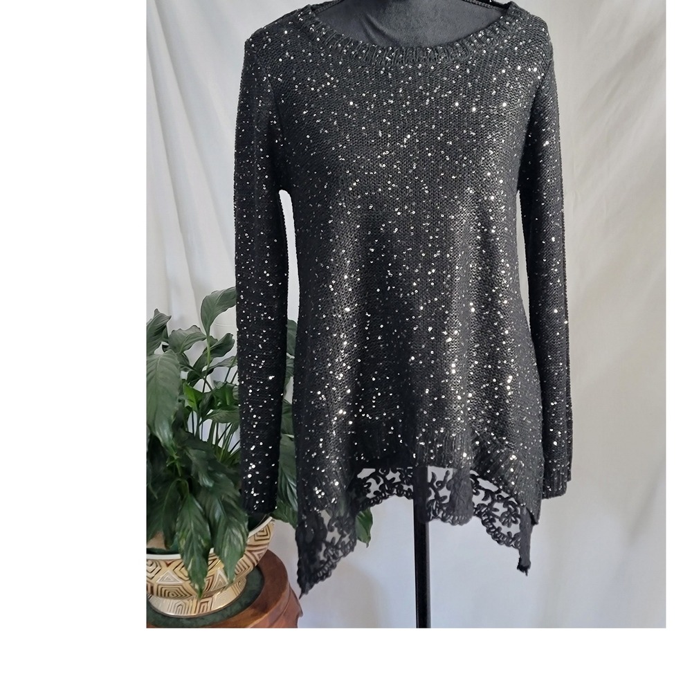 Trixxi Black Sequin Sweater Women Medium Lace Trim Asymmetrical Hem Long Sleeve